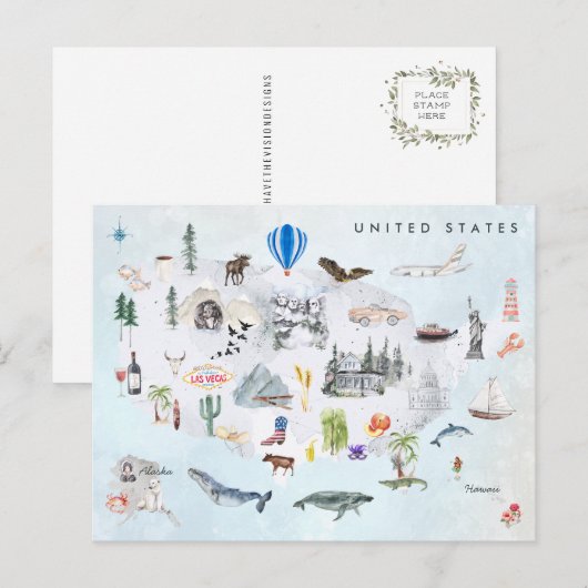 Amerika | Waterverf geïllustreerd overzicht VS Briefkaart (Voorkant / Achterkant)