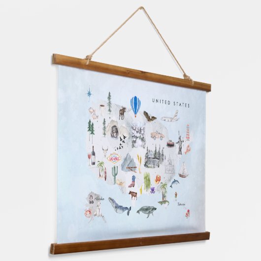 Amerika | Waterverf geïllustreerd overzicht VS Hangend Wandkleed (Gebogen)