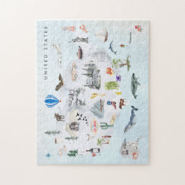 Amerika | Waterverf geïllustreerd overzicht VS Legpuzzel