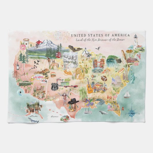 Amerika | Waterverf geïllustreerd overzicht VS Theedoek (Horizontaal)