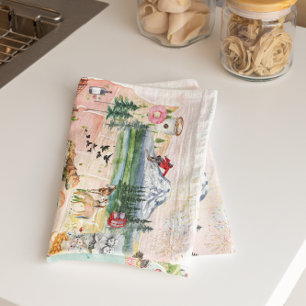 Amerika   Waterverf geïllustreerd overzicht VS Theedoek