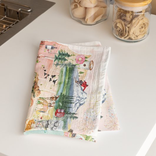 Amerika | Waterverf geïllustreerd overzicht VS Theedoek