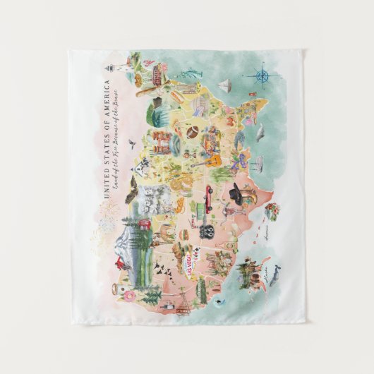 Amerika | Waterverf geïllustreerd overzicht VS Wandkleed (Voorkant)