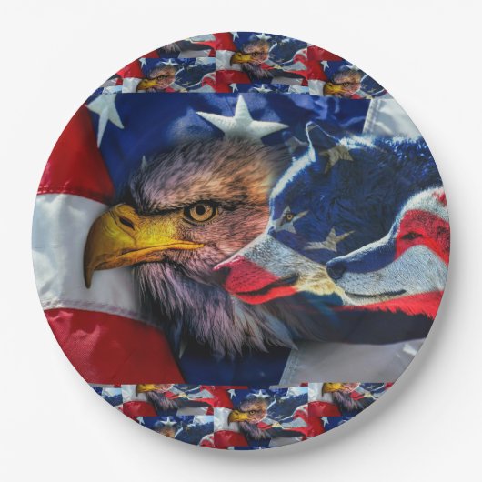 Amerikaans Bald Eagle Wolf Flag Patriotic Papieren Bordje (Voorkant)