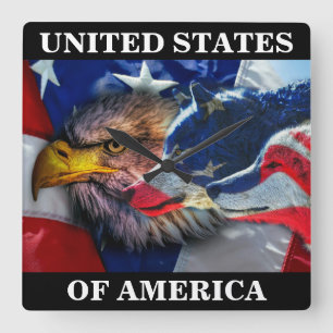 Amerikaans Bald Eagle Wolf Flag Patriotic Vierkante Klok
