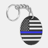 Amerikaans dun blauw lijnsymbool sleutelhanger (Voorkant Links)