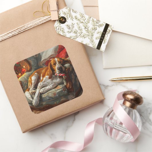 Amerikaans Engels Foxhound Hondenkerstfeest Vierkante Sticker (Geschenken)