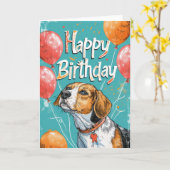 Amerikaans Engels Foxhound met ballonnen Verjaarda Kaart (Gele Bloem)