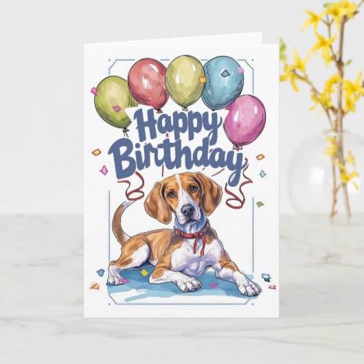 Amerikaans Engels Foxhound met ballonnen Verjaarda Kaart (Gele Bloem)