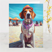 Amerikaans Engels Foxhound on Beach, zomercadeau Kaart (Gele Bloem)