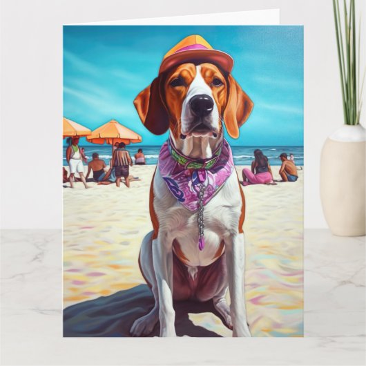 Amerikaans Engels Foxhound on Beach, zomercadeau Kaart (Voorkant)