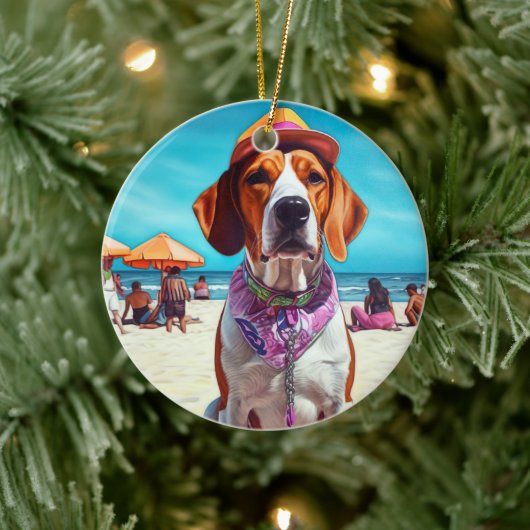 Amerikaans Engels Foxhound on Beach, zomercadeau Keramisch Ornament (Boom)