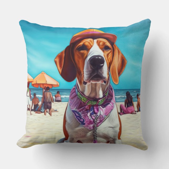 Amerikaans Engels Foxhound on Beach, zomercadeau Kussen (Voorkant)
