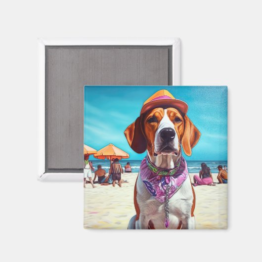 Amerikaans Engels Foxhound on Beach, zomercadeau Magneet (Voorkant / Achterkant)