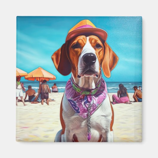 Amerikaans Engels Foxhound on Beach, zomercadeau Magneet (Voorkant)