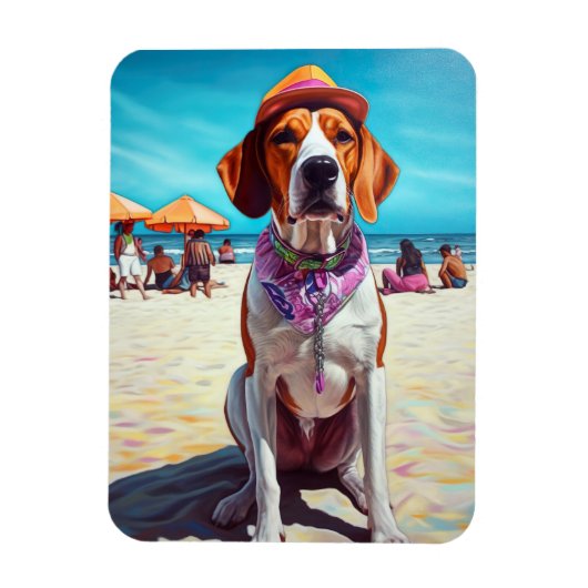 Amerikaans Engels Foxhound on Beach, zomercadeau Magneet (Verticaal)