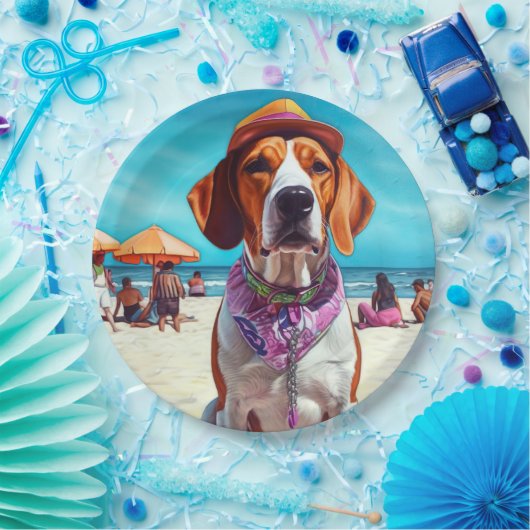 Amerikaans Engels Foxhound on Beach, zomercadeau Papieren Bordje (Feest)