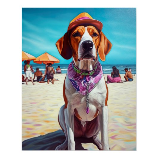 Amerikaans Engels Foxhound on Beach, zomercadeau Perfect Poster (Voorkant)