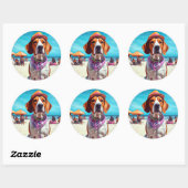 Amerikaans Engels Foxhound on Beach, zomercadeau Ronde Sticker (Vel)