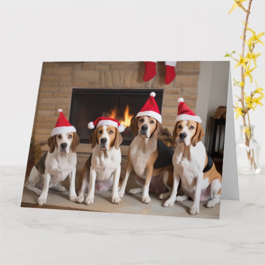 Amerikaans Engels Foxhound open haard Kerstmis Kaart (Gele Bloem)