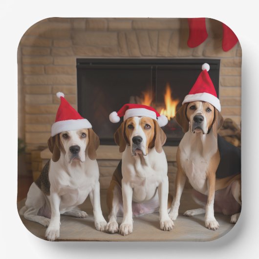 Amerikaans Engels Foxhound open haard Kerstmis Papieren Bordje (Voorkant)