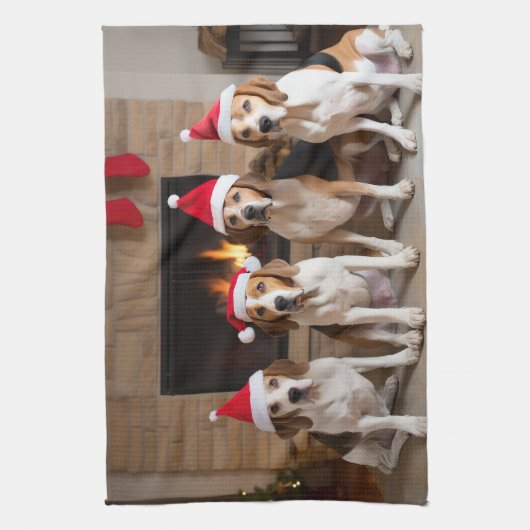 Amerikaans Engels Foxhound open haard Kerstmis Theedoek (Verticaal)
