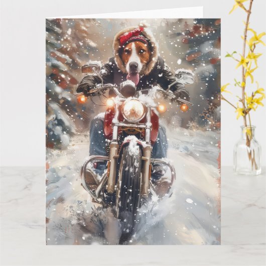 Amerikaans Engels Foxhound Riding Bike Christmas Kaart (Gele Bloem)