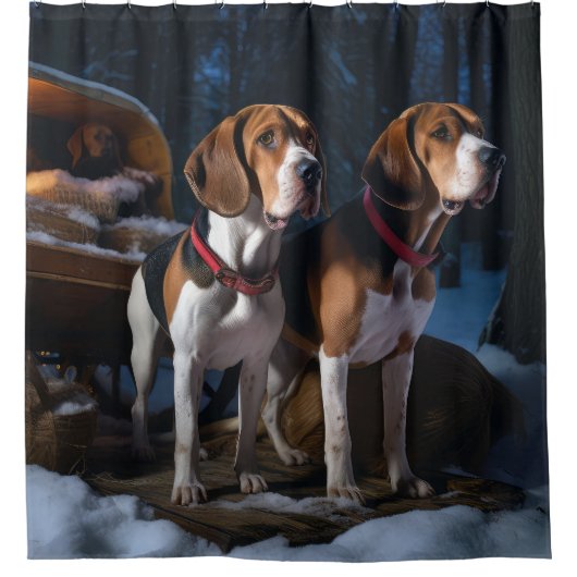 Amerikaans Engels Foxhound Snowy Sleigh Kerstmis Douchegordijn (Voorkant)