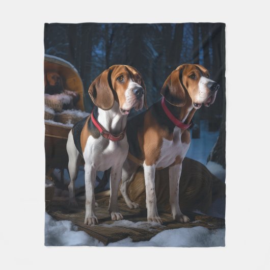 Amerikaans Engels Foxhound Snowy Sleigh Kerstmis Fleece Deken (Voorkant)