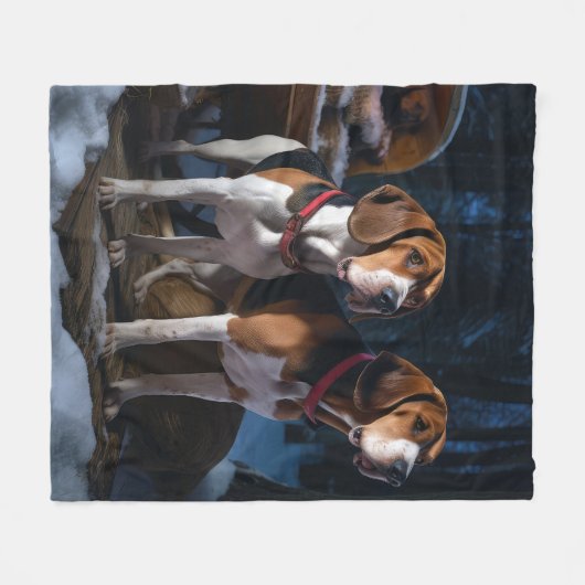 Amerikaans Engels Foxhound Snowy Sleigh Kerstmis Fleece Deken (Voorkant (Horizontaal))