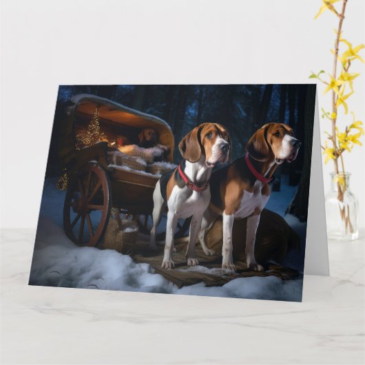 Amerikaans Engels Foxhound Snowy Sleigh Kerstmis Kaart (Gele Bloem)