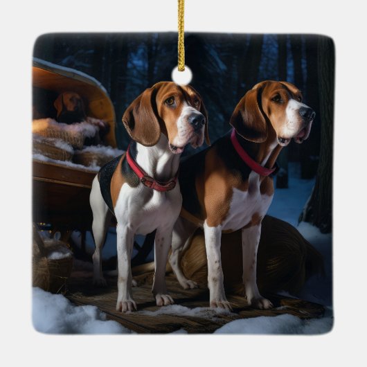 Amerikaans Engels Foxhound Snowy Sleigh Kerstmis Keramisch Ornament (Achterkant)