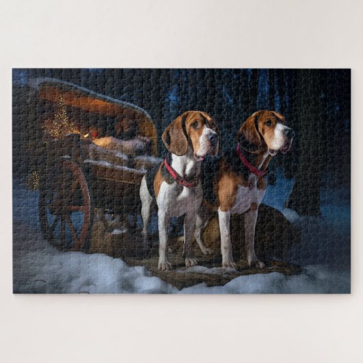 Amerikaans Engels Foxhound Snowy Sleigh Kerstmis Legpuzzel (Horizontaal)