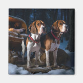 Amerikaans Engels Foxhound Snowy Sleigh Kerstmis Magneet (Voorkant)