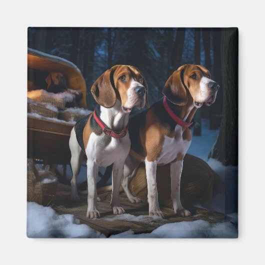 Amerikaans Engels Foxhound Snowy Sleigh Kerstmis Magneet (Voorkant)