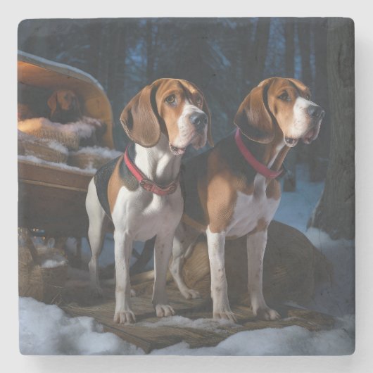Amerikaans Engels Foxhound Snowy Sleigh Kerstmis Stenen Onderzetter (Voorkant)