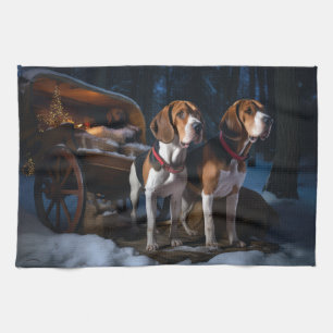 Amerikaans Engels Foxhound Snowy Sleigh Kerstmis Theedoek