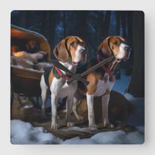 Amerikaans Engels Foxhound Snowy Sleigh Kerstmis Vierkante Klok