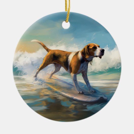 Amerikaans Engels Foxhound Strand Surfen Schilderi Keramisch Ornament (Voorkant)
