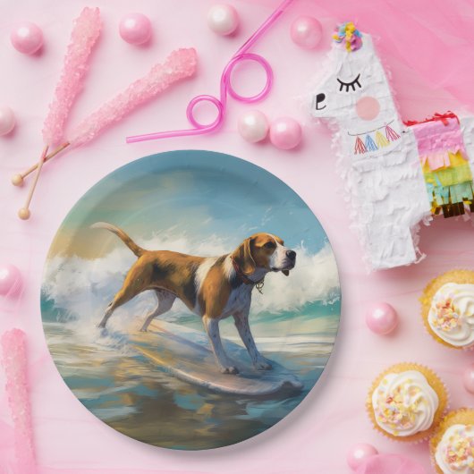 Amerikaans Engels Foxhound Strand Surfen Schilderi Papieren Bordje (Feest)