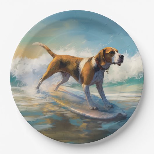 Amerikaans Engels Foxhound Strand Surfen Schilderi Papieren Bordje (Voorkant)