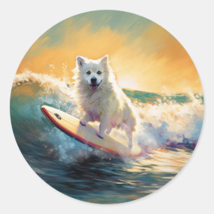 Amerikaans Eskimo Beach Surfen Schilderij Ronde Sticker