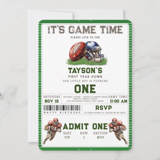 Amerikaans Football Eerste Jaar Down 1st Verjaarda Kaart (Voorkant)