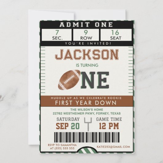 Amerikaans Football Eerste Jaar Down 1st Verjaarda Kaart (Voorkant)