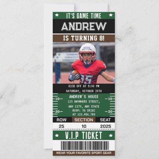 Amerikaans Football Ticket met aangepaste Foto Kaart (Voorkant)