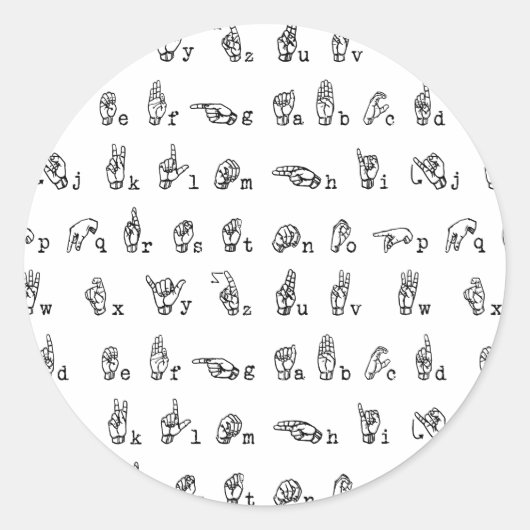 Amerikaans gebarentaal alfabet in zwart-wit ronde sticker (Voorkant)