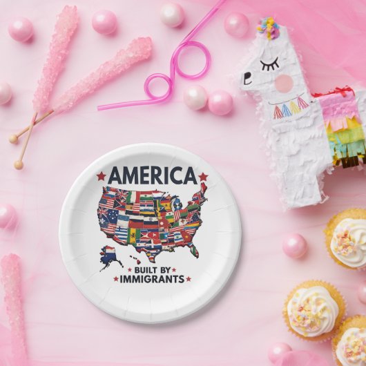 Amerikaans Gebouwd door immigranten Patriottisch A Papieren Bordje (Feest)