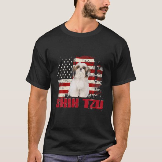 -Amerikaans Hondenliefhebber met de vlag Shih Tzu T-shirt (Voorkant)