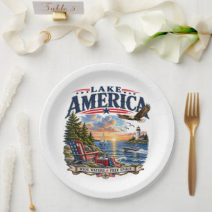 Amerikaans meer zonsondergang patriottische adelaa papieren bordje