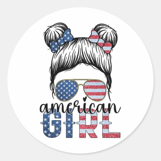 Amerikaans Meisje 4 Juli Messy Bun USA Vlag Ameri Ronde Sticker (Voorkant)